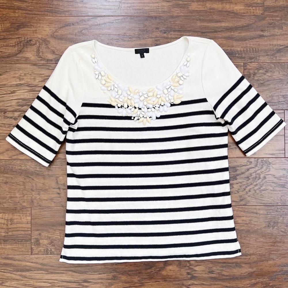 J Crew Collection • Jeweled Neck Stripe Top pullover tee navy cream Mariner - Picture 3 of 10